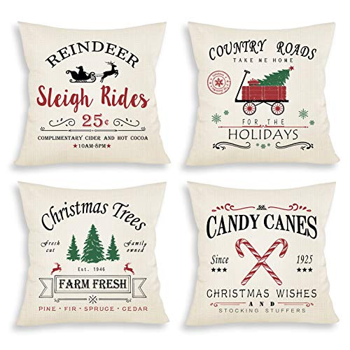 Sionoiur Christmas Decorations Throw Pillow Covers 18x18 Set of 4- Winter Holiday Throw Pillows Farmhouse Xmas Decor for Home Square Cotton Linen Cushion Cases for Sofa Couch
