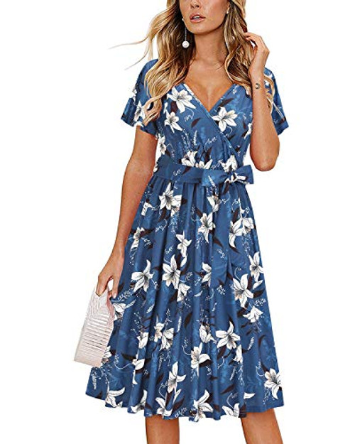 LAISHEN Women's V Neck Floral Short Sleeves Dress Summer Casual Flowy Belted Dresses with Pockets-Floral05-M-