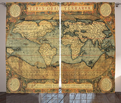 Ambesonne World Map Curtains- Old Chart Vintage Composition of 16th Century Atlas Print- Living Room Bedroom Window Drapes 2 Panel Set- 108inch X 63inch- Sand Blue