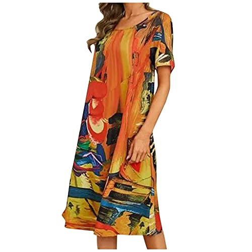 Wesracia Women's Summer Casual T-Shirt Dress Colorful Print Short Sleeve Dress O-Neck Loose Knee-Length Dress Yellow Wesracia Women's Summer Casual T-Shirt Dress Colorful Print Short Sleeve Dress O-Neck Loose Knee-Length Dress Yellow