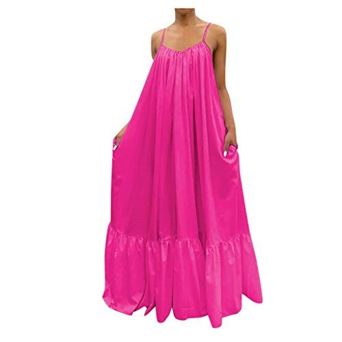 Dresses for Women Loose Bohemian Long Maxi Dress Solid Spaghetti Strap Backless Ruffle Hem Beach Swing Dress with Pocket