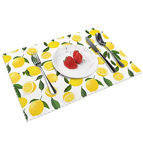 Lemon Placemats Set of 4- Watercolor Yellow Lemon Place Mats for Dining Table/Kitchen Table-Waterproof Non-Slip Heat-Resistant Washable Outdoor Dinner Table Mats