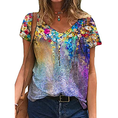 Blivener Summer Women Tops- Casual Printed Plus Size Shirts- V-Neck Tie Dye Short-Sleeved T Shirt