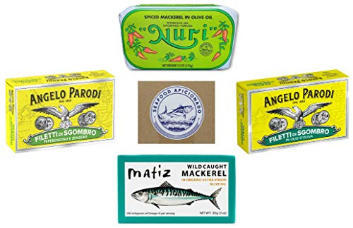 Seafood Aficionado Mighty Mackerel Sampler | 4 Pack | NURI- Matiz and Angelo Parodi Mackerel | Olive Oil and Spicy Varieties | Perfect Gift Pack For Foodies