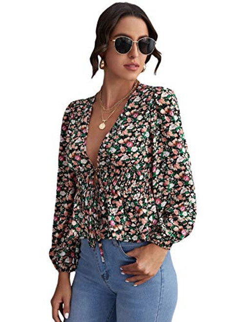 SOLY HUX Women's Floral Print Long Sleeve Deep V Neck Tie Front Ruffle Top Blouse Multicoloured L SOLY HUX Women's Floral Print Long Sleeve Deep V Neck Tie Front Ruffle Top Blouse Multicoloured L