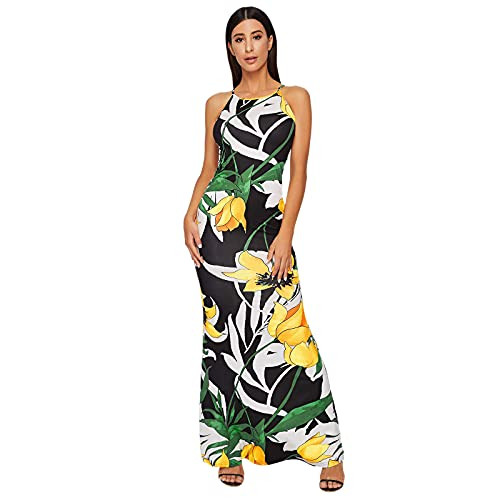 siilsaa Dress for Women- Women's Sexy Floral Print Backless Sleeveless Strappy Long Maxi Dress Casual Summer Party Dress Yellow