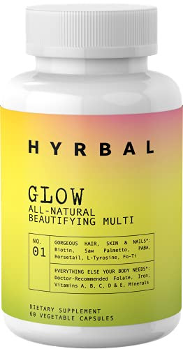 Hyrbal Glow Hair- Skin- and Nails Vitamins | 600mcg Biotin- Iron- Folic Acid- PABA- L Tyrosine- Saw Palmetto | All Natural Supplement | Biotin Vitamins for Hair- Skin- and Nails | 60 Vegan Capsules