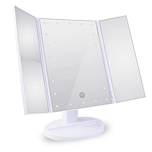 Fancy Buying CO. Portable Trifold Makeup Mirror 22 Led Vanity Mirror with Lights- 1x 2X 3X Magnification- Touch Screen Switch- 180 Degree Rotation- Dual Power Supply Fancy Buying CO. Portable Trifold Makeup Mirror 22 Led Vanity Mirror with Lights- 1x 2X 3X Magnification- Touch Screen Switch- 180 Degree Rotation- Dual Power Supply