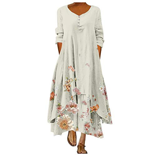 Maxi Dresses Women Casual Floral Print Dress O-Neck Long Sleeve Irregular Loose Long Dress White
