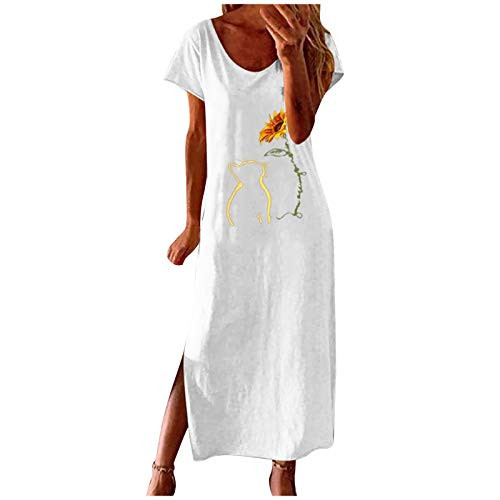 Religeuses Maxi Dress for Women- Cat Print Sleeveless Maxi Dress Summer Casual Beach Party Split Long Dress with Pockets White Religeuses Maxi Dress for Women- Cat Print Sleeveless Maxi Dress Summer Casual Beach Party Split Long Dress with Pockets White