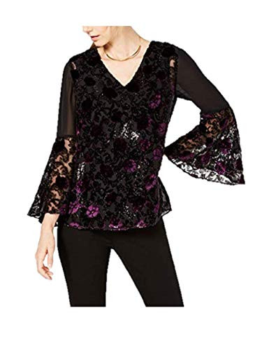 Alfani Sheer Burnout Bell-Sleeve Top- Created for Macy's Black- Purple