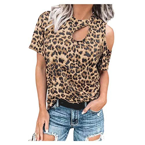 Women's Leopard T-Shirt Casual Cold Shoulder Tunic Hollow Out Short Sleeve Tops Loose Blouse Shirts Khaki Women's Leopard T-Shirt Casual Cold Shoulder Tunic Hollow Out Short Sleeve Tops Loose Blouse Shirts Khaki