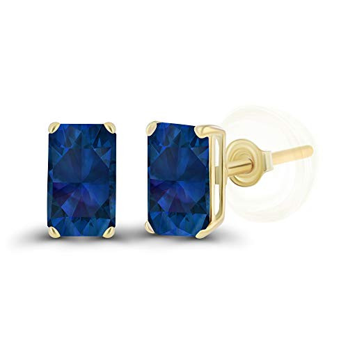 Genuine 14K Yellow Gold Plated Sterling Silver 5x3mm Emerald Cut Created Blue Sapphire September Birthstone Birthstone Genuine Stud Earrings For Women and Girls