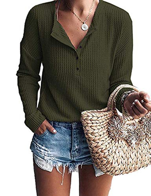 WNEEDU Women's Waffle Knit Tunic Tops Loose Long Sleeve Button Up V Neck Henley Shirts Army Green S WNEEDU Women's Waffle Knit Tunic Tops Loose Long Sleeve Button Up V Neck Henley Shirts Army Green S