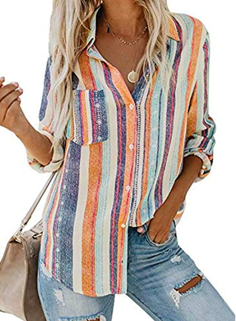 Beautife Womens Long Sleeve Shirts V Neck Collared Button Down Shirt Tops with Pockets -Large- YZ-Orange-