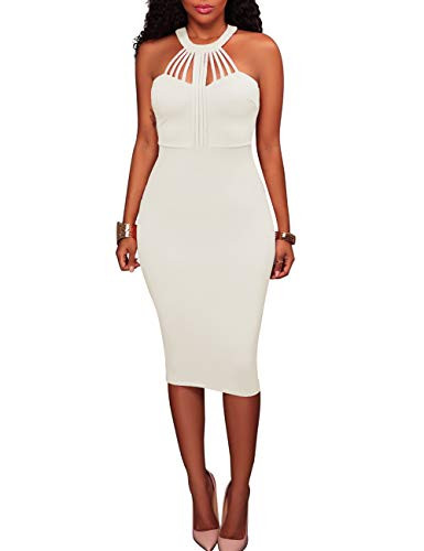 Rela Bota Women's Bodycon Sleeveless Hatler Zipper Sexy Party Midi Dress Clubwear Medium White