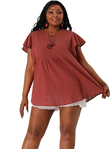 Agnes Orinda Women's Plus Size Blouse Tassel Self Tie V Neck Bell Sleeves Summer Ruffle Peplum Top 3X Brick Red