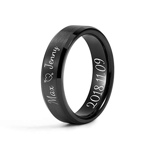 LerchPhi Mens 6MM Black Ring Tungsten Carbide Ring Wedding Bands for Men Comfort Fit Matte Brushed Custom Engraved