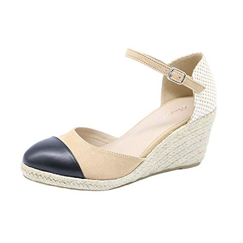 Barphil Women's Platform Wedges Sandals Leather Closed Toe Ankle Buckle Strap Summer Shoes-11- Apricot-