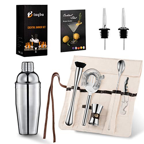Btuqbu Cocktail Shaker Set 25oz Bartender Kit Martini Shaker Set- Stainless Steel 9 Piece Bar Tools With Strainer-Double Jigger-Mixing Spoon-Liquor Pourers-Muddler-Corkscrew and Recipe