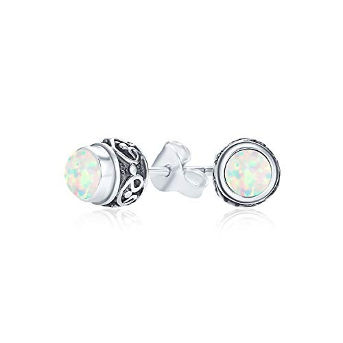 Bali Style Tiny Round White Created Opal Stone Stud Earrings Oxidized 925 Sterling Silver October Birthstone
