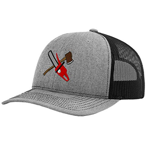 Richardson Trucker Hat Lumberjack Chain Saw  and  Axe Embroidery Design Polyester Mesh Baseball Cap Snaps Heather Gray/Black Design Only