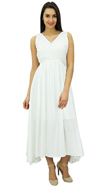 Bimba Women's Sleeveless Chic Lace Dress Long Cotton Casual Maxi White