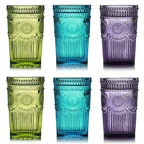 Kingrol 6 Pack 12 oz Vintage Drinking Glasses- Embossed Romantic Water Glassware- Glass Tumbler Set for Juice- Beverages- Beer- Cocktail