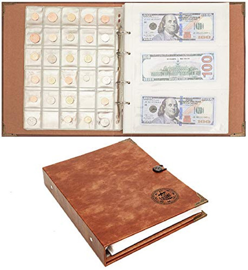 Cassielhouse 150 Pockets Coin Collecting Holder Album- 240 Pockets Paper Money Penny Currency Collection Holder-Large Storage Book for Coins Collectors- Leather Coin and Currency Collecting Bundle