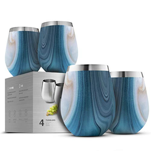 Stainless Steel Unbreakable Wine Glasses - 18 Ounce Set of 4 Wine glasses. Premium Grade 18/8 Stainless Steel Red  and  White Stemless Wine Glasses set- -Exquisite Blue Marble-