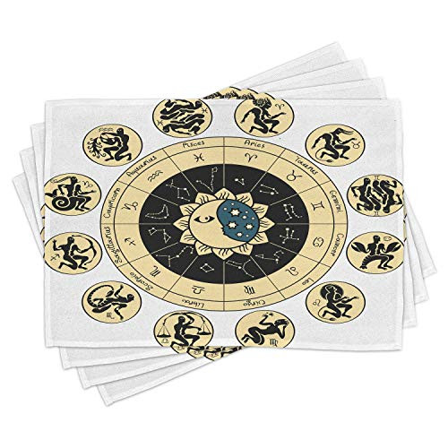 Ambesonne Astrology Place Mats Set of 4- Ethnical Tribal Horoscope Chart with Signs and Names Image Print- Washable Fabric Placemats for Dining Room Kitchen Table Decor- Black White and Yellow