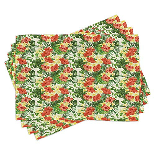 Ambesonne Tropical Place Mats Set of 4- Exotic Pattern with Plumeria Hibiscus Monstera Palm Flowers and Leaves- Washable Fabric Placemats for Dining Room Kitchen Table Decor- Red Pale Yellow Green