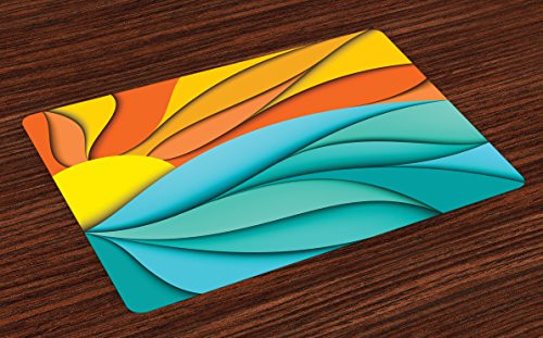 Lunarable Sun Place Mats Set of 4- Abstract Sunset and Sunrise Concept with Ocean Sea Waves Backdrop- Washable Fabric Placemats for Dining Table- Standard Size- Turquoise Orange
