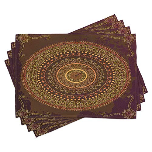 Lunarable Mandala Place Mats Set of 4- Traditional Mandala Chart Motif in Bohemian Cultural- Washable Fabric Placemats for Dining Room Kitchen Table Decor- Green Brown and Mustard