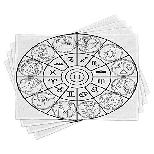Lunarable Zodiac Place Mats Set of 4- Zodiac Clock with Signs Ecliptic Coordinates System Birth Chart of Solar Print- Washable Fabric Placemats for Dining Room Kitchen Table Decor- Black White