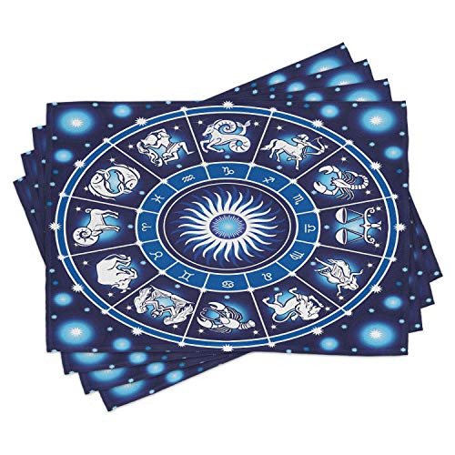 Lunarable Zodiac Place Mats Set of 4- Illustration of Astrology Signs in Circle Chart with Stars Birth Fortune Artwork- Washable Fabric Placemats for Dining Room Kitchen Table Decor- Blue White