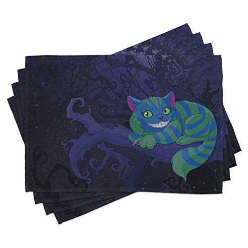 Lunarable Alice in Wonderland Place Mats Set of 4- Chester Cat Sitting on Branch Forest Character- Washable Fabric Placemats for Dining Table- Standard Size- Green Blue Purple Lunarable Alice in Wonderland Place Mats Set of 4- Chester Cat Sitting on Branch Forest Character- Washable Fabric Placemats for Dining Table- Standard Size- Green Blue Purple