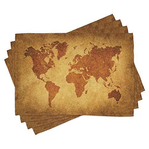 Lunarable World Map Place Mats Set of 4- Vintage World Map Retro Background Antique Historic Earth Chart Boho- Washable Fabric Placemats for Dining Room Kitchen Table Decor- Orange Amber