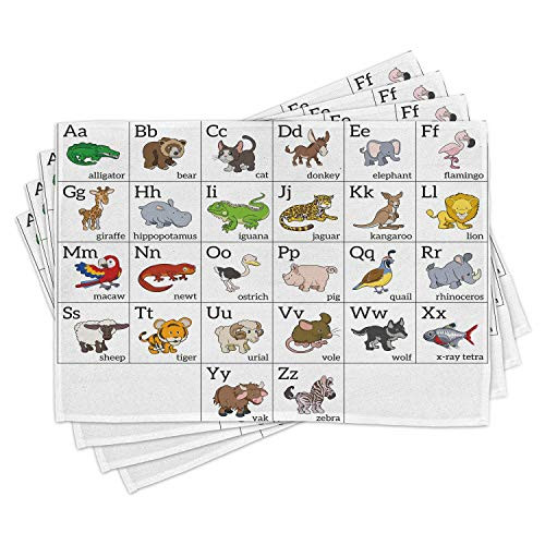 Ambesonne ABC Place Mats Set of 4- Alphabet Learning Chart Cartoon Animals Names Letters Upper and Lowercase Print- Washable Fabric Placemats for Dining Table- Standard Size- Multicolor