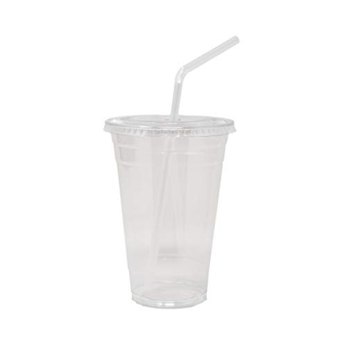 EDI 100 Sets Plastic CRYSTAL CLEAR Cups with Flat Lids and STRAW for Cold Drinks -16 oz-