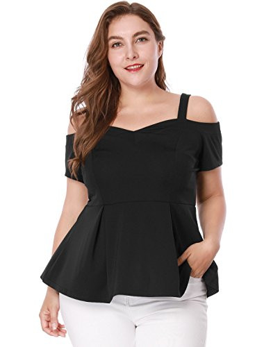 uxcell Women's Plus Size High Waist Sweetheart Cold Shoulder Peplum Top Black 2X
