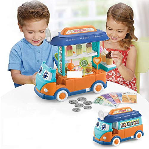 Toy Food Truck for Toddler Pretend Toy Bus Set Ice Cream Truck Cart with Light and Sound-Blue Orange