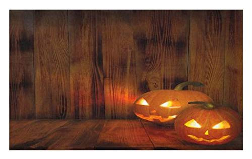 Lunarable Pumpkin Doormat- Jack O Lanterns Scary Halloween Photograph in a Wooden Interior Fall Themed Image- Decorative Polyester Floor Mat with Non-Skid Backing- 30inch X 18inch- Orange Black