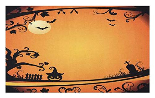 Lunarable Vintage Halloween Doormat- Halloween Themed Image Eerie Atmosphere Gravestone Evil Pumpkin Moon- Decorative Polyester Floor Mat with Non-Skid Backing- 30inch X 18inch- Orange Black