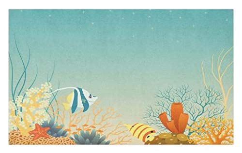 Lunarable Aquarium Doormat- Tropical Oceanic Landscape in Warm Colors Cartoon Style Coral Colony- Decorative Polyester Floor Mat with Non-Skid Backing- 30inch X 18inch- Turquoise Orange Yellow