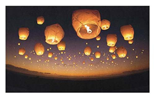 Lunarable Night Sky Doormat- Ceremony Wish for Luck Balloons Chinese Flying Lanterns Scenery Image- Decorative Polyester Floor Mat with Non-Skid Backing- 30inch X 18inch- Orange and Black