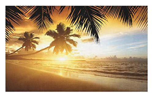Lunarable Tropical Doormat- Sunset on The Beach of Caribbean Sea Palm Trees in Seashore Scenic Exotic View- Decorative Polyester Floor Mat with Non-Skid Backing- 30inch X 18inch- Orange Yellow