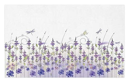 Lunarable Floral Doormat- Lavender Field Meadow Pattern Rural Countryside Plants Flowers Design- Decorative Polyester Floor Mat with Non-Skid Backing- 30inch X 18inch- Purple Violet Lilac