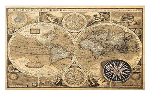 Lunarable World Map Doormat- Old Chart with Countries Oceans Continents Atlas Nostalgic Antique Image- Decorative Polyester Floor Mat with Non-Skid Backing- 30inch X 18inch- Sand Brown Umber