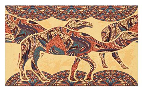 Lunarable Tribal Doormat- Camel Animals with Oriental Ornaments Folkloric Culture Image- Decorative Polyester Floor Mat with Non-Skid Backing- 30inch X 18inch- Yellow Orange